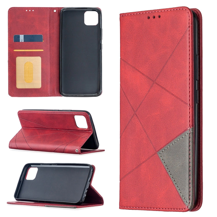 Red leather phone case with rhombus texture, card slots, magnetic flip stand