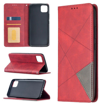 Red leather phone case with rhombus texture, card slots, magnetic flip stand