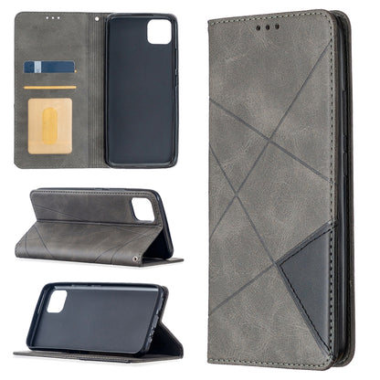 Grey leather wallet phone case with rhombus texture, magnetic flip cover, card slots