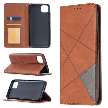 Brown leather phone case with rhombus texture, card slots, and magnetic flip stand
