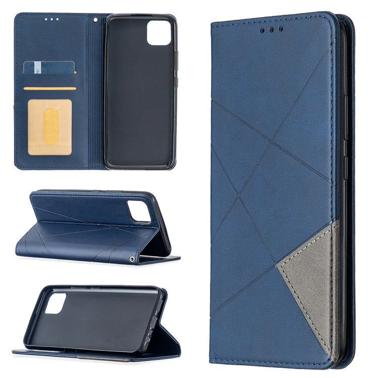 Blue leather wallet phone case with rhombus texture, magnetic flip cover, card slots