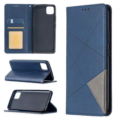 Blue leather wallet phone case with rhombus texture, magnetic flip cover, card slots