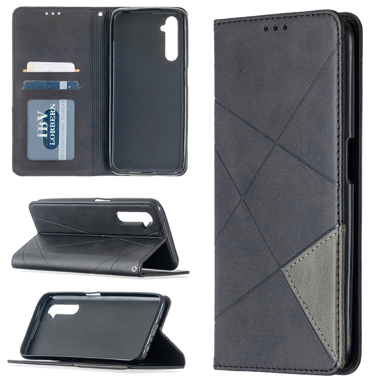 Dark grey rhombus texture magnetic leather phone case with card slots and flip stand