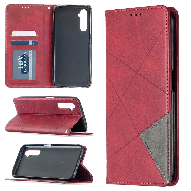 Red leather wallet phone case with rhombus texture, card slots, magnetic stand
