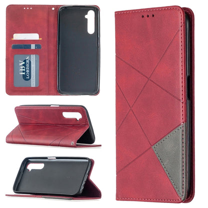 Red leather wallet phone case with rhombus texture, card slots, magnetic stand