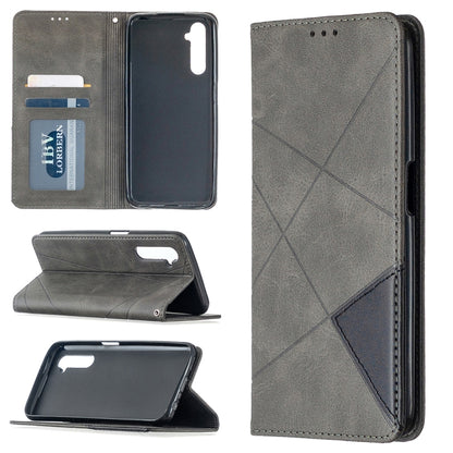 Grey leather wallet phone case with card slots and rhombus texture on magnetic flip cover