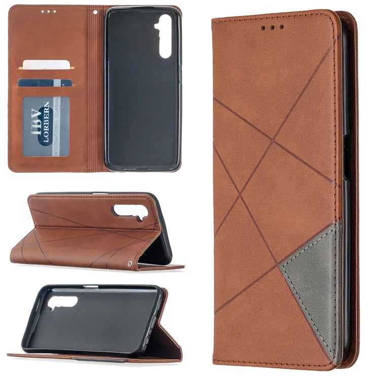 Brown leather wallet phone case with rhombus texture, card slots, magnetic stand