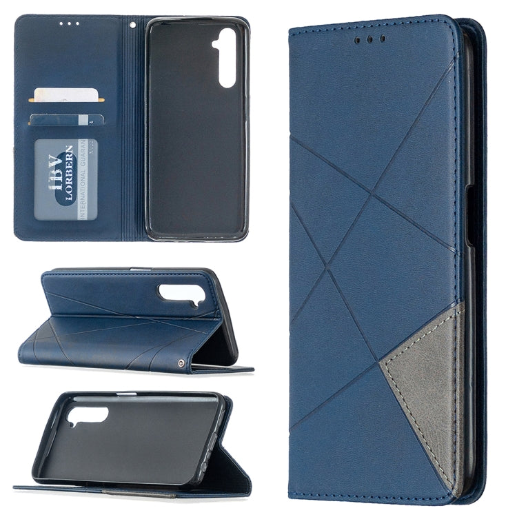 Blue leather wallet phone case with rhombus texture, magnetic flip cover, card slots