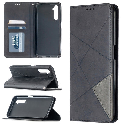 Dark grey rhombus texture magnetic leather phone case with card slots and front flip cover