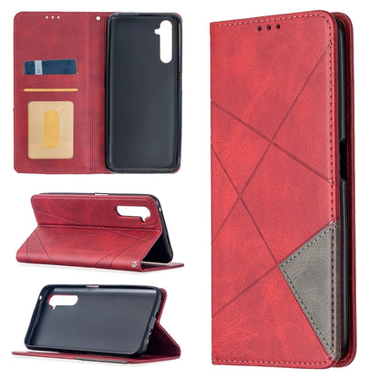 Red leather phone case with rhombus texture, card slots, magnetic flip