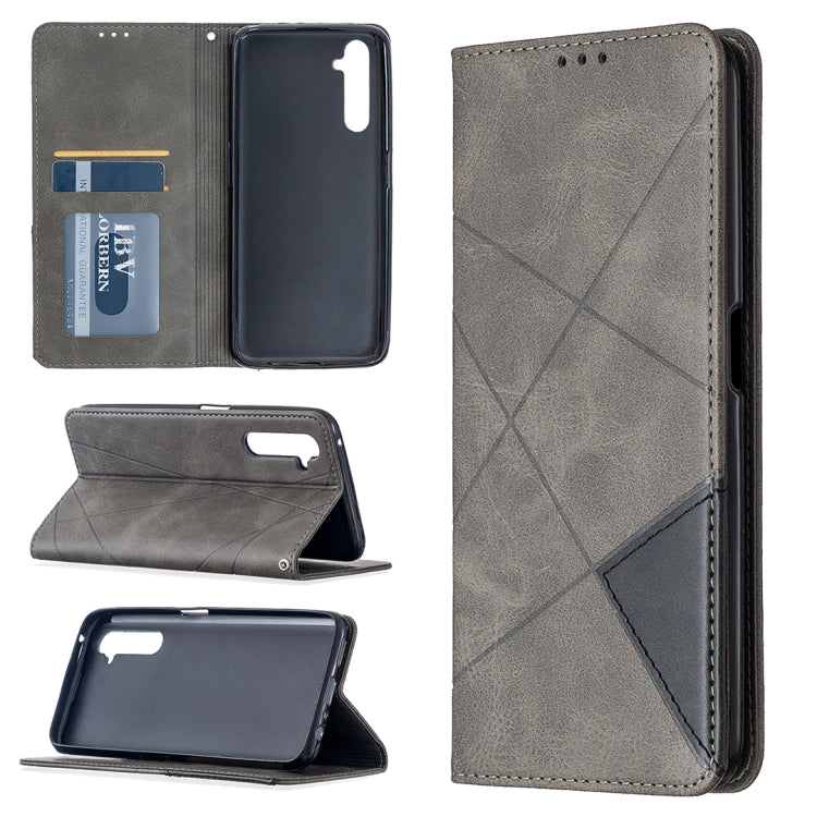Dark grey leather wallet phone case with rhombus texture, magnetic flip cover, card slots