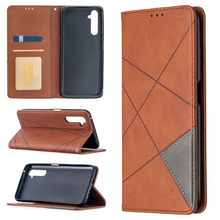 Tan-brown leather phone case with rhombus texture, card slots, magnetic flip