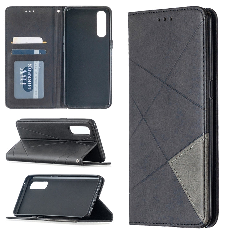 Black leather phone case with rhombus texture, card slots, and magnetic flip stand