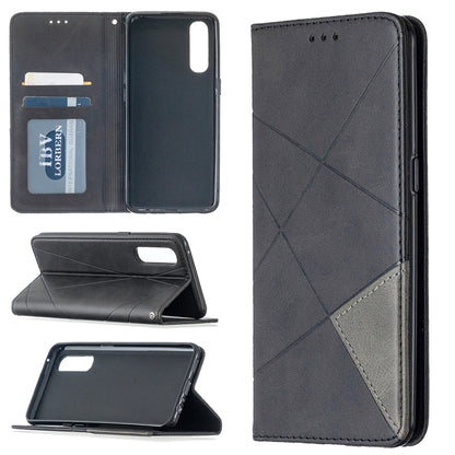 Black leather phone case with rhombus texture, card slots, and magnetic flip stand