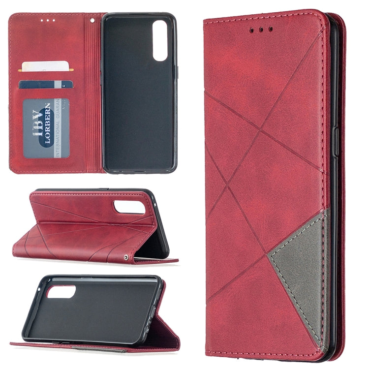 Red leather wallet phone case with rhombus texture, magnetic flip cover, card slots