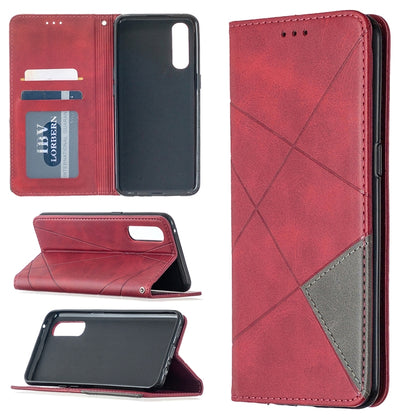 Red leather wallet phone case with rhombus texture, magnetic flip cover, card slots