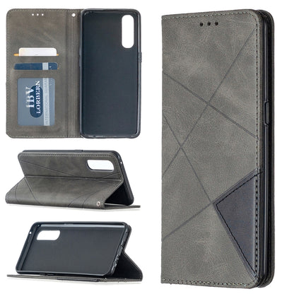 Grey leather wallet phone case with rhombus texture, magnetic flip cover, card slots