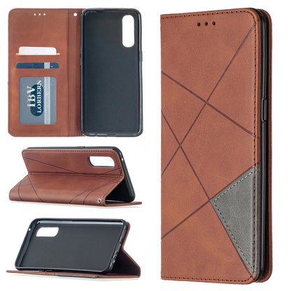 Brown leather phone case with rhombus texture, card slots, magnetic flip stand