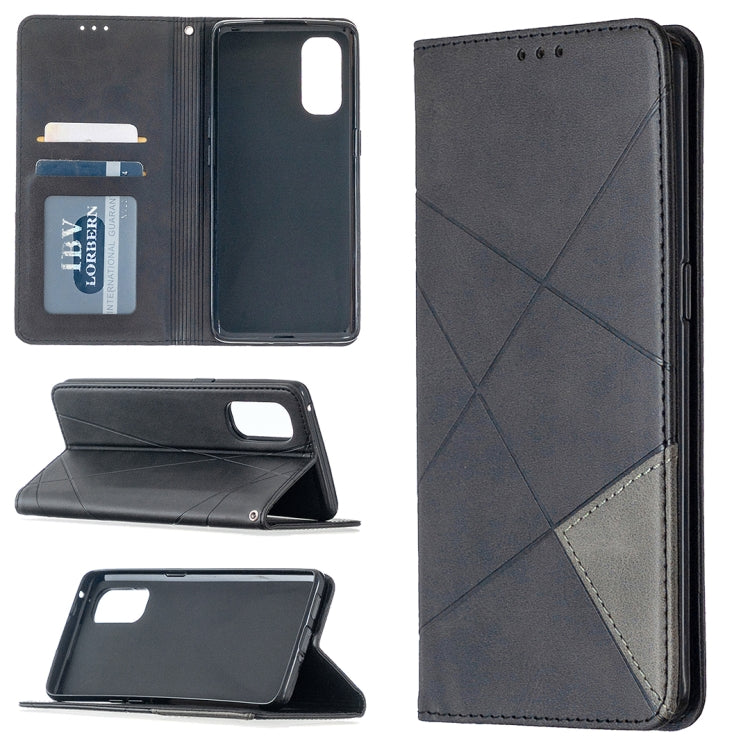 Dark gray leather phone case with rhombus texture, card slots, and magnetic flip