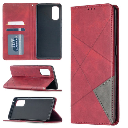 Red leather wallet phone case showing card slots, rhombus texture, magnetic flip cover