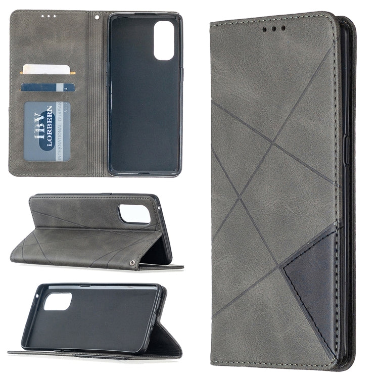 Grey leather wallet phone case with card slots and rhombus texture, magnetic flip cover