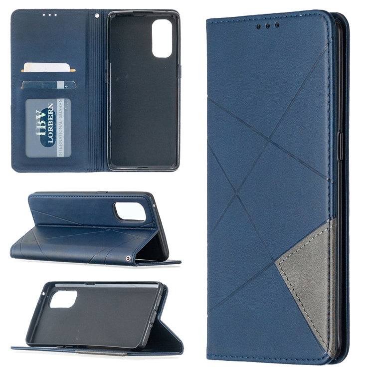 Blue flip magnetic leather phone case with rhombus texture, card slots, and holder