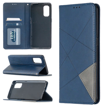 Blue flip magnetic leather phone case with rhombus texture, card slots, and holder