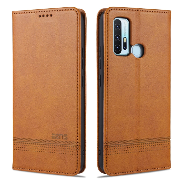 Magnetic flip leather phone case, light brown, with camera cutout and stitched trim