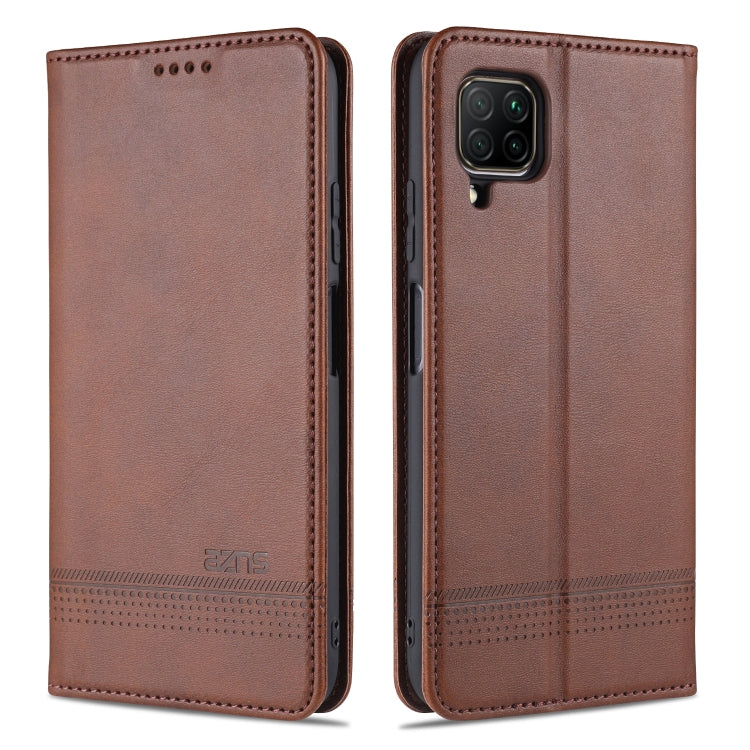 Dark brown magnetic flip phone case with textured leather look and card slots