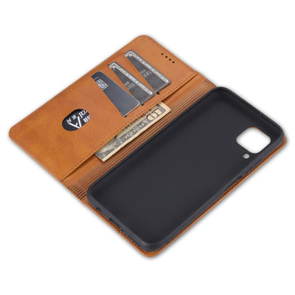 Tan magnetic flip wallet case with card slots and visible phone back cover