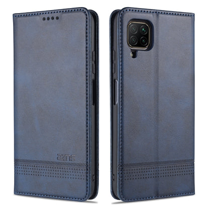 Dark blue magnetic flip phone case with textured leather look and card slots