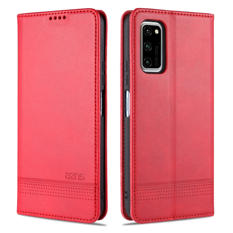 Red magnetic flip leather phone case with embossed brand mark, front and back view