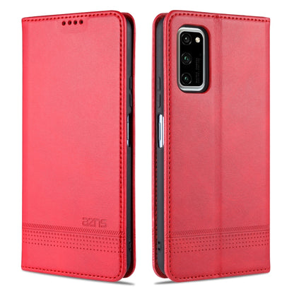 Red magnetic flip leather phone case with embossed brand mark, front and back view