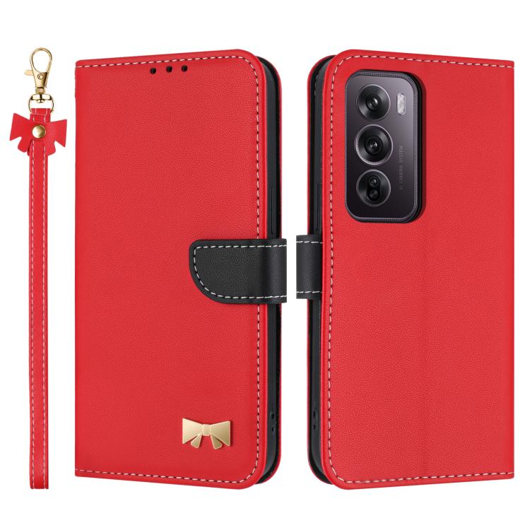 Red leather phone case with hand strap, bow charm, and card-slot flap cover
