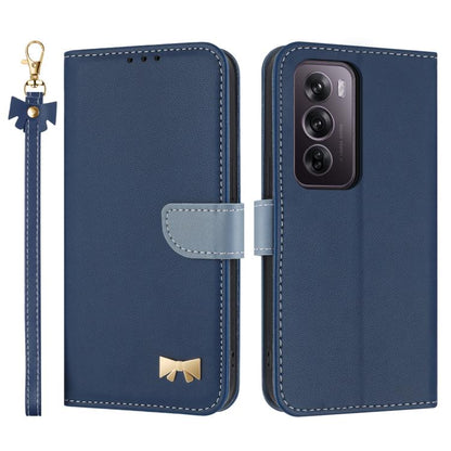 Dark blue leather phone case with hand strap, bow charm, and card-slot flap cover