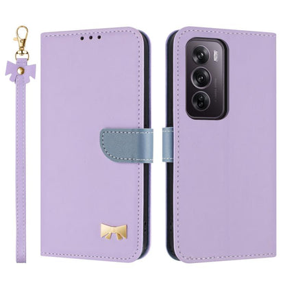 Purple leather phone case with hand strap, bow charm, and card-slot flap cover