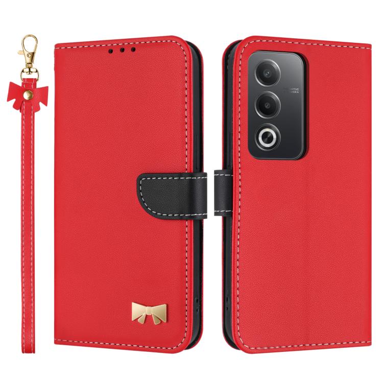 Red leather phone case with hand strap and metal bow charm, dual camera cutout cover
