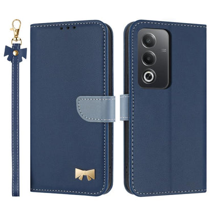 Dark blue leather phone case with hand strap and metal bow charm, camera cutout cover