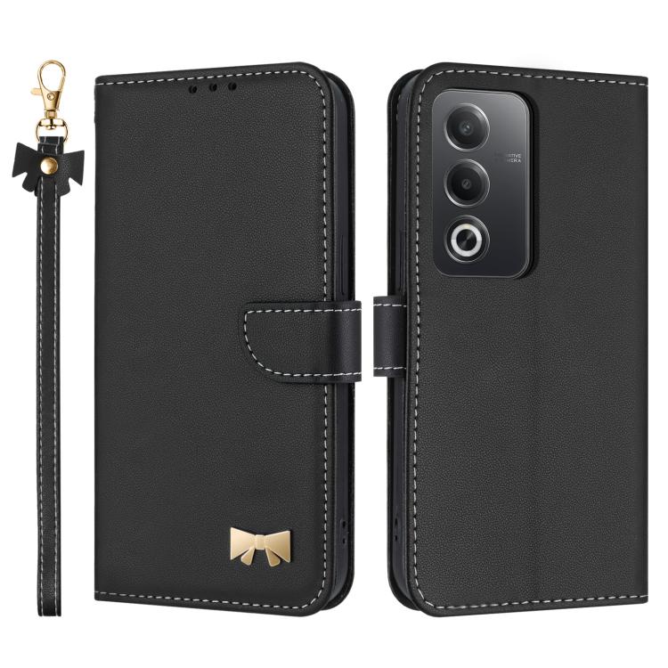 Black leather phone case with hand strap and metal bow charm, camera cutout cover
