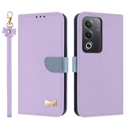 Purple leather phone case with hand strap and metal bow charm, camera cutout cover