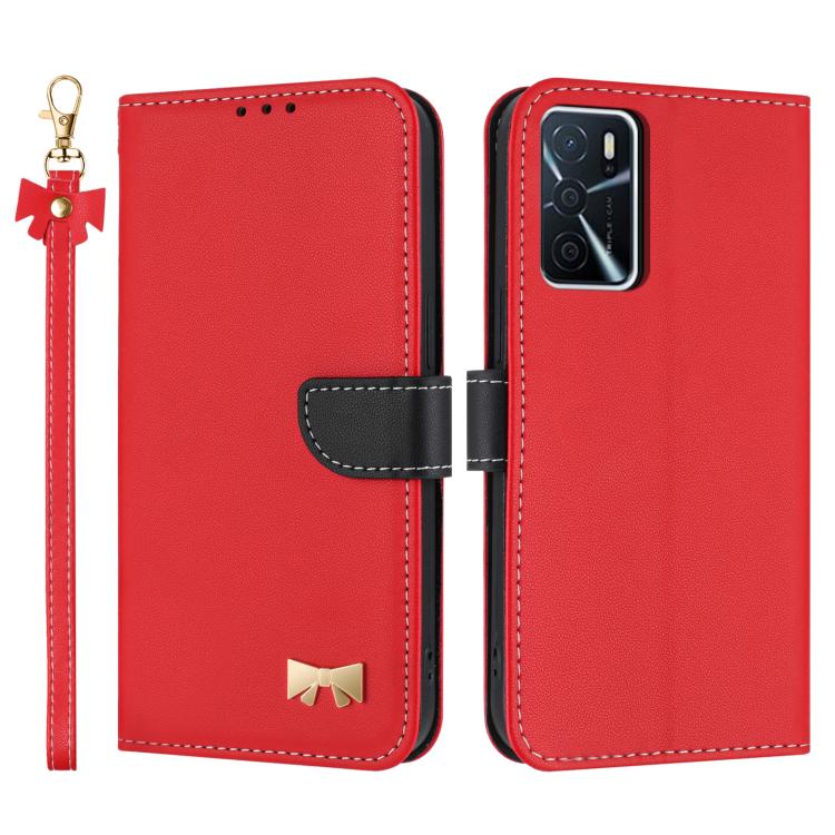 Metal Bow Leather Phone Case with Hand Strap, For OPPO A38 4G Global / A18, For OPPO Reno7 A / Reno9 A, For OPPO A58 4G Global, For OPPO A77 4G / A57 4G Global, For OPPO A36 4G / A76 / A96, For OPPO A16, For OPPO A55s 5G Japan