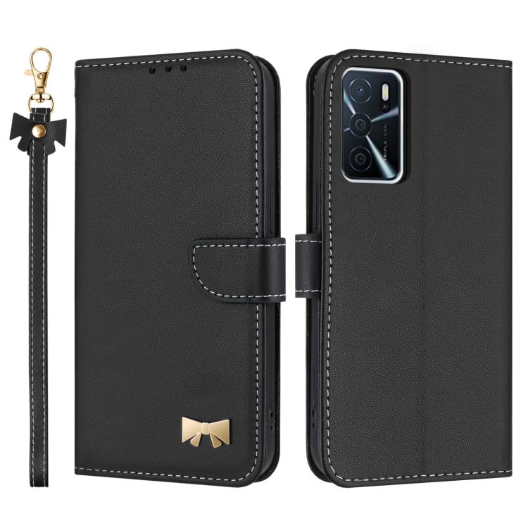 Metal Bow Leather Phone Case with Hand Strap, For OPPO A38 4G Global / A18, For OPPO Reno7 A / Reno9 A, For OPPO A58 4G Global, For OPPO A77 4G / A57 4G Global, For OPPO A36 4G / A76 / A96, For OPPO A16, For OPPO A55s 5G Japan