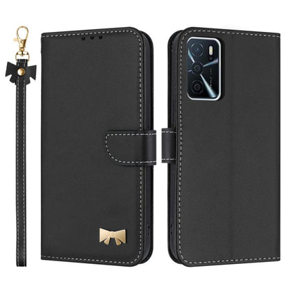 Metal Bow Leather Phone Case with Hand Strap, For OPPO A38 4G Global / A18, For OPPO Reno7 A / Reno9 A, For OPPO A58 4G Global, For OPPO A77 4G / A57 4G Global, For OPPO A36 4G / A76 / A96, For OPPO A16, For OPPO A55s 5G Japan