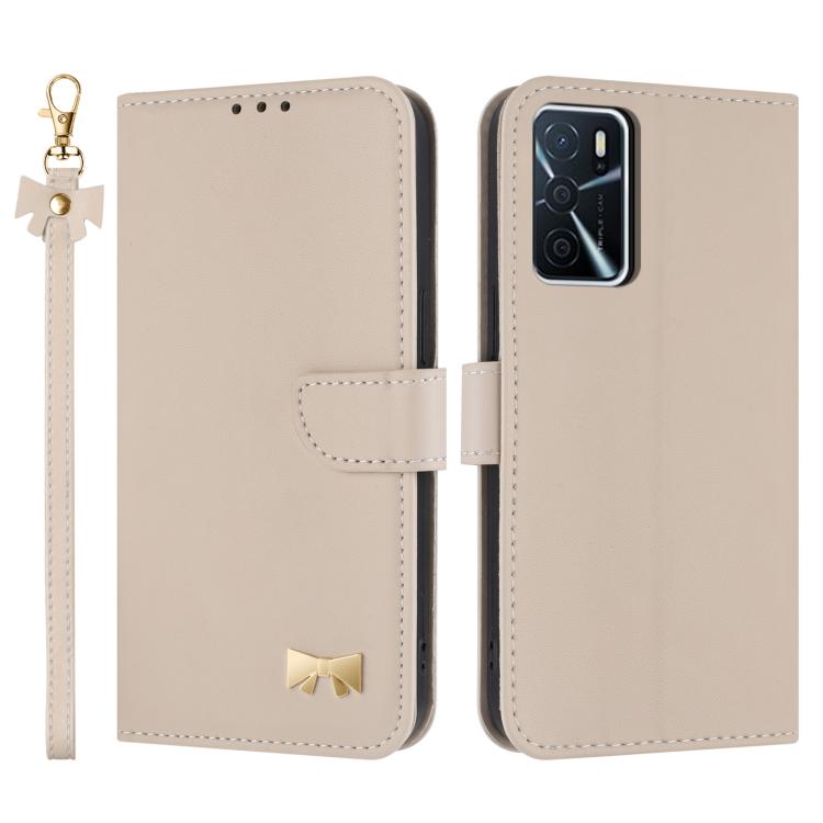 Metal Bow Leather Phone Case with Hand Strap, For OPPO A38 4G Global / A18, For OPPO Reno7 A / Reno9 A, For OPPO A58 4G Global, For OPPO A77 4G / A57 4G Global, For OPPO A36 4G / A76 / A96, For OPPO A16, For OPPO A55s 5G Japan