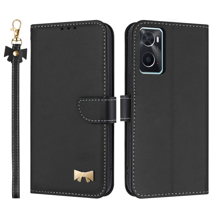 Metal Bow Leather Phone Case with Hand Strap, For OPPO A38 4G Global / A18, For OPPO Reno7 A / Reno9 A, For OPPO A58 4G Global, For OPPO A77 4G / A57 4G Global, For OPPO A36 4G / A76 / A96, For OPPO A16, For OPPO A55s 5G Japan