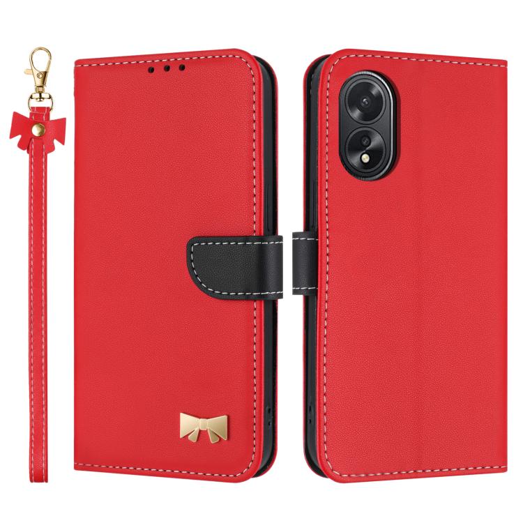 Metal Bow Leather Phone Case with Hand Strap, For OPPO A38 4G Global / A18, For OPPO Reno7 A / Reno9 A, For OPPO A58 4G Global, For OPPO A77 4G / A57 4G Global, For OPPO A36 4G / A76 / A96, For OPPO A16, For OPPO A55s 5G Japan