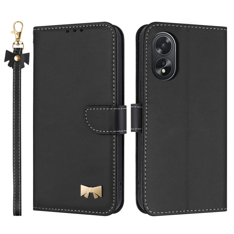 Metal Bow Leather Phone Case with Hand Strap, For OPPO A38 4G Global / A18, For OPPO Reno7 A / Reno9 A, For OPPO A58 4G Global, For OPPO A77 4G / A57 4G Global, For OPPO A36 4G / A76 / A96, For OPPO A16, For OPPO A55s 5G Japan