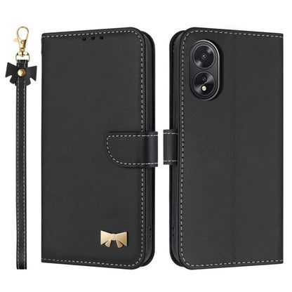 Metal Bow Leather Phone Case with Hand Strap, For OPPO A38 4G Global / A18, For OPPO Reno7 A / Reno9 A, For OPPO A58 4G Global, For OPPO A77 4G / A57 4G Global, For OPPO A36 4G / A76 / A96, For OPPO A16, For OPPO A55s 5G Japan