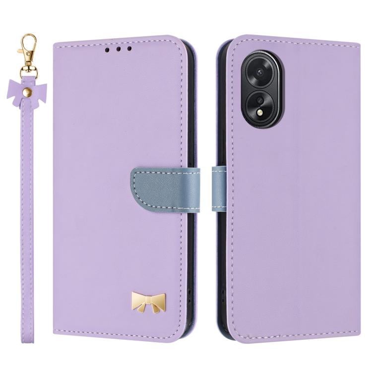 Metal Bow Leather Phone Case with Hand Strap, For OPPO A38 4G Global / A18, For OPPO Reno7 A / Reno9 A, For OPPO A58 4G Global, For OPPO A77 4G / A57 4G Global, For OPPO A36 4G / A76 / A96, For OPPO A16, For OPPO A55s 5G Japan