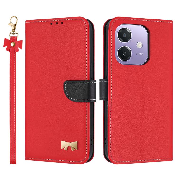 Red leather phone case with metal bow and hand strap, flip cover with card holder